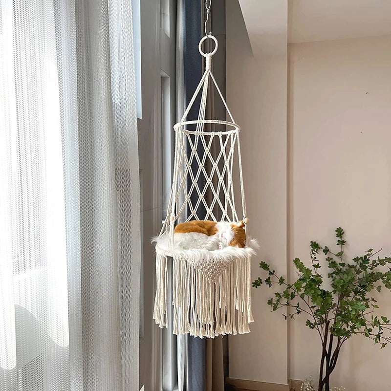 Large Macrame Cat Hammock Macrame Hanging Swing Cat Dog Bed Basket Home Pet Cat Accessories Dog Cat'S House Puppy Bed Gift