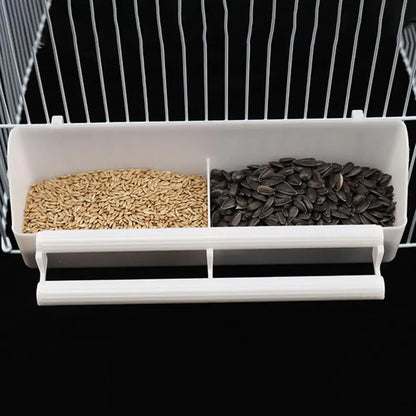 Bird Trough Pet Water Food Dispenser with Perch Stick 2 Compartments Feeding Dish Parrot Feeder Pet Hanging Feeding Container