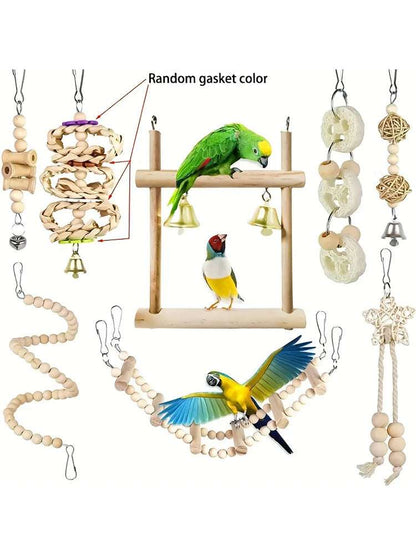 FeatherFun™ 8-Piece Premium Parrot Playset — Wooden Swing & Chew Toys for Birds