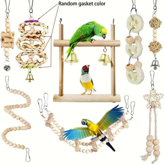FeatherFun™ 8-Piece Premium Parrot Playset — Wooden Swing & Chew Toys for Birds