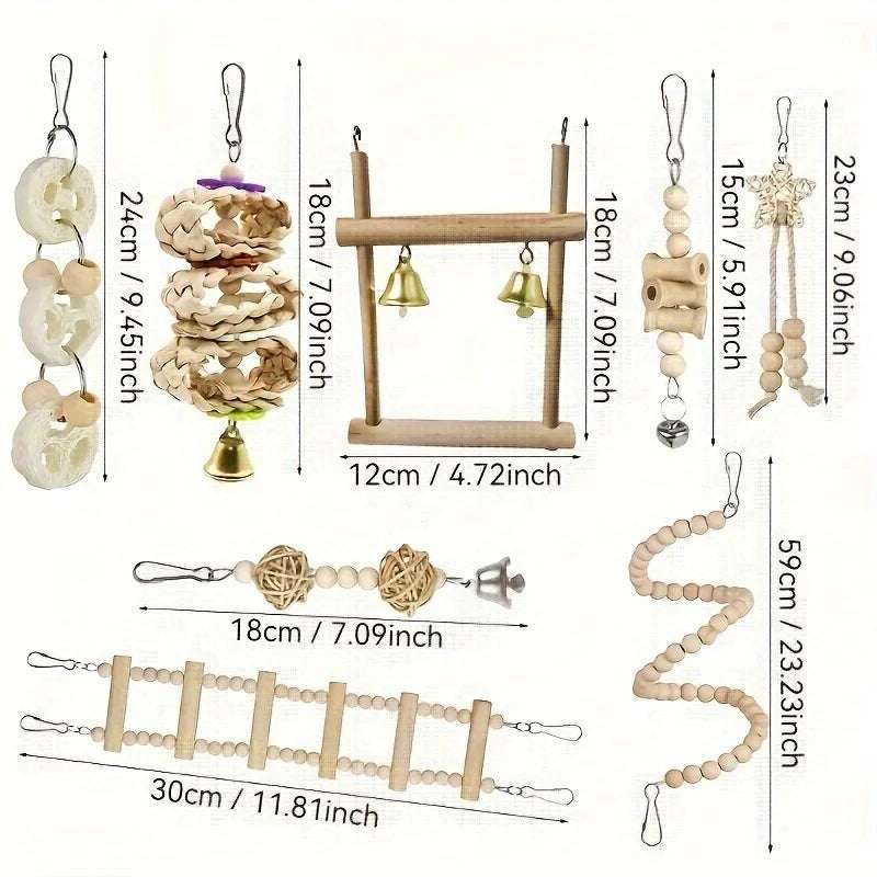 FeatherFun™ 8-Piece Premium Parrot Playset — Wooden Swing & Chew Toys for Birds