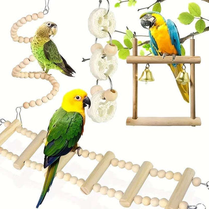 FeatherFun™ 8-Piece Premium Parrot Playset — Wooden Swing & Chew Toys for Birds